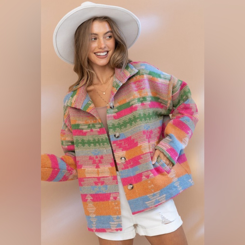 Blakely Colorful Bright Aztec Button-Up Shacket Jacket - Picture 4 of 10
